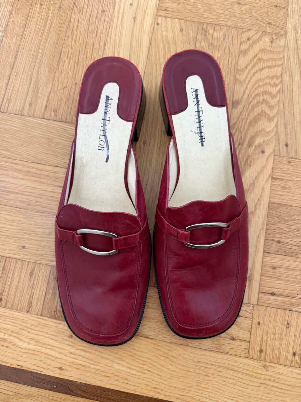 Ann Taylor Red Leather Slip-On Loafers with Silver Buckle